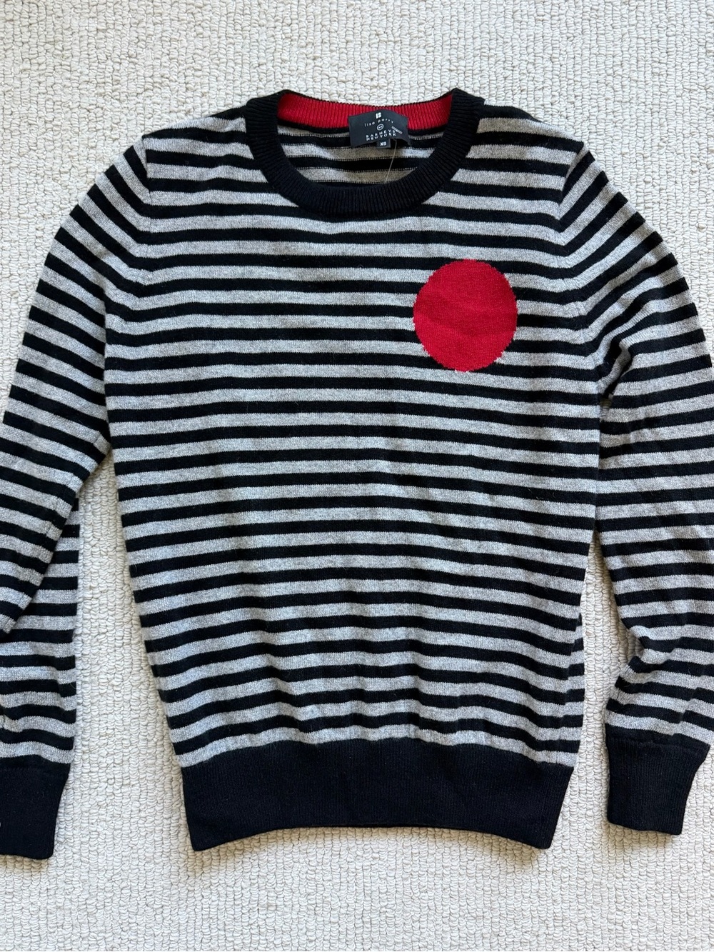 Lisa Perry Black & Gray Striped Crewneck Sweater with Red Circle